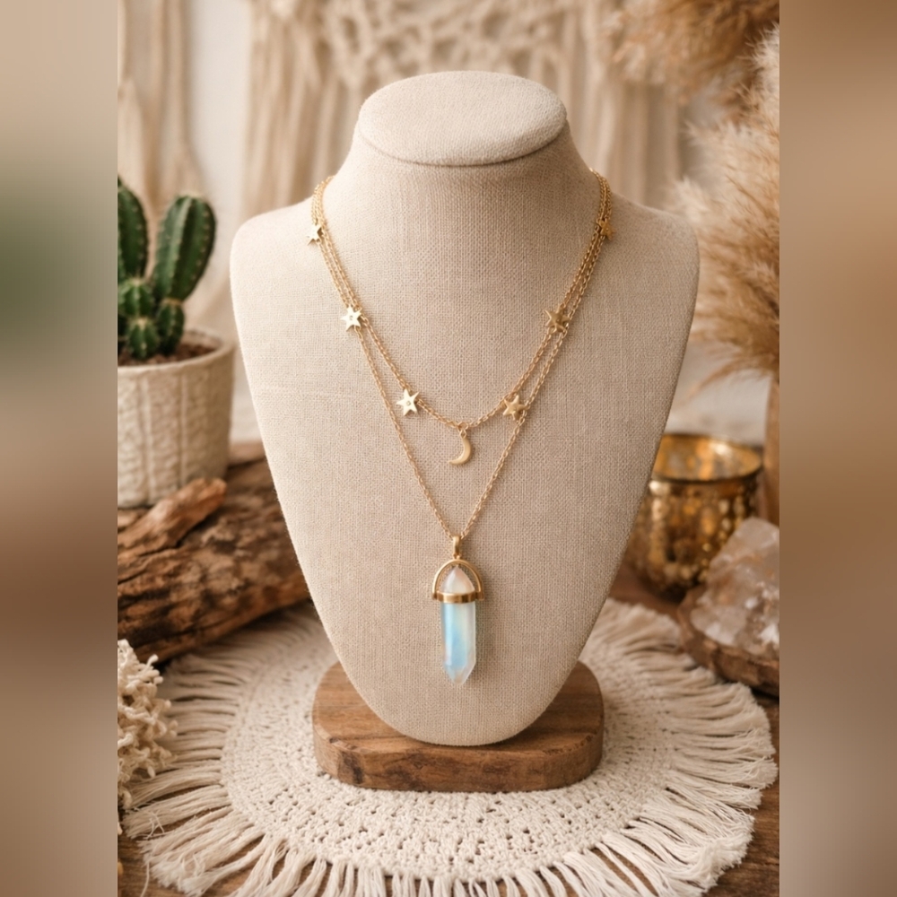 Stainless Steel Gold Layered Moon Star Crystal Necklace New